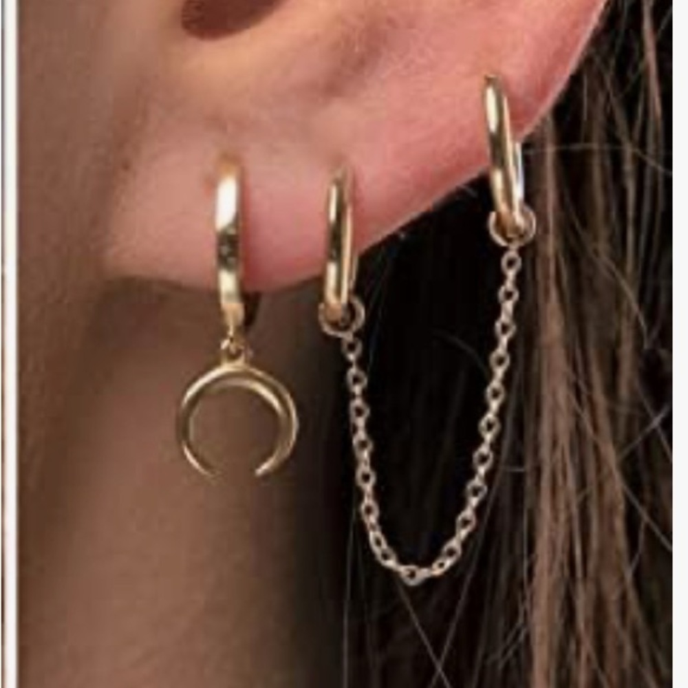 Minimal Gold Double Piercing Chain Hoop Huggies Earrings | Set of 2 | New